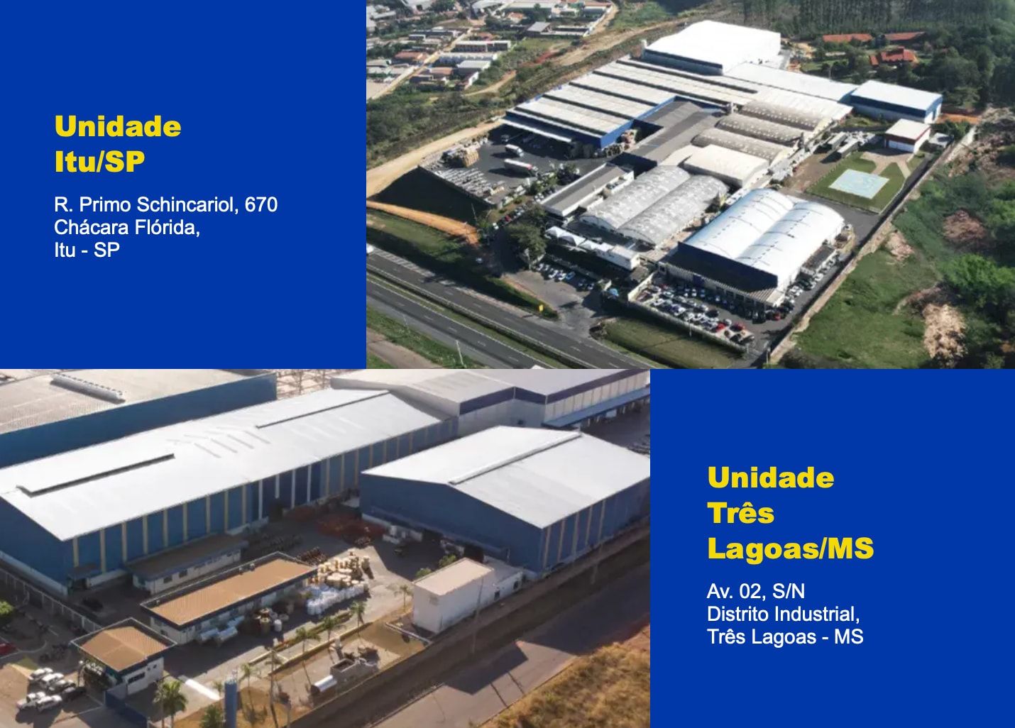 Imagem de divulgação das fábricas da Cobrecom, com duas fotos aéreas. Unidade Itu/SP: R. Primo Schincariol, 670, Chácara Flórida, Itu - SP. Unidade Três Lagoas/MS: Av. 02, S/N, Distrito Industrial, Três Lagoas - MS.